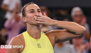 Aryna Sabalenka prepares to blow a kiss