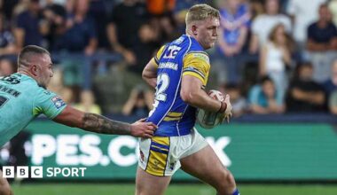 James McDonnell bursts through the St Helens defence for Leeds Rhinos