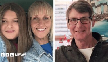 A composite image showing Grace and Sarah Keeling and Mark Ratcliffe. Grace and Sarah are on the left and both have light blue jean jackets on. Grace has long brown hair and Sarah shot blonde hair. On the right, Mark is wearing a brown quarter-zip top and has short brown hair with a parting and is wearing black-rimmed glasses.