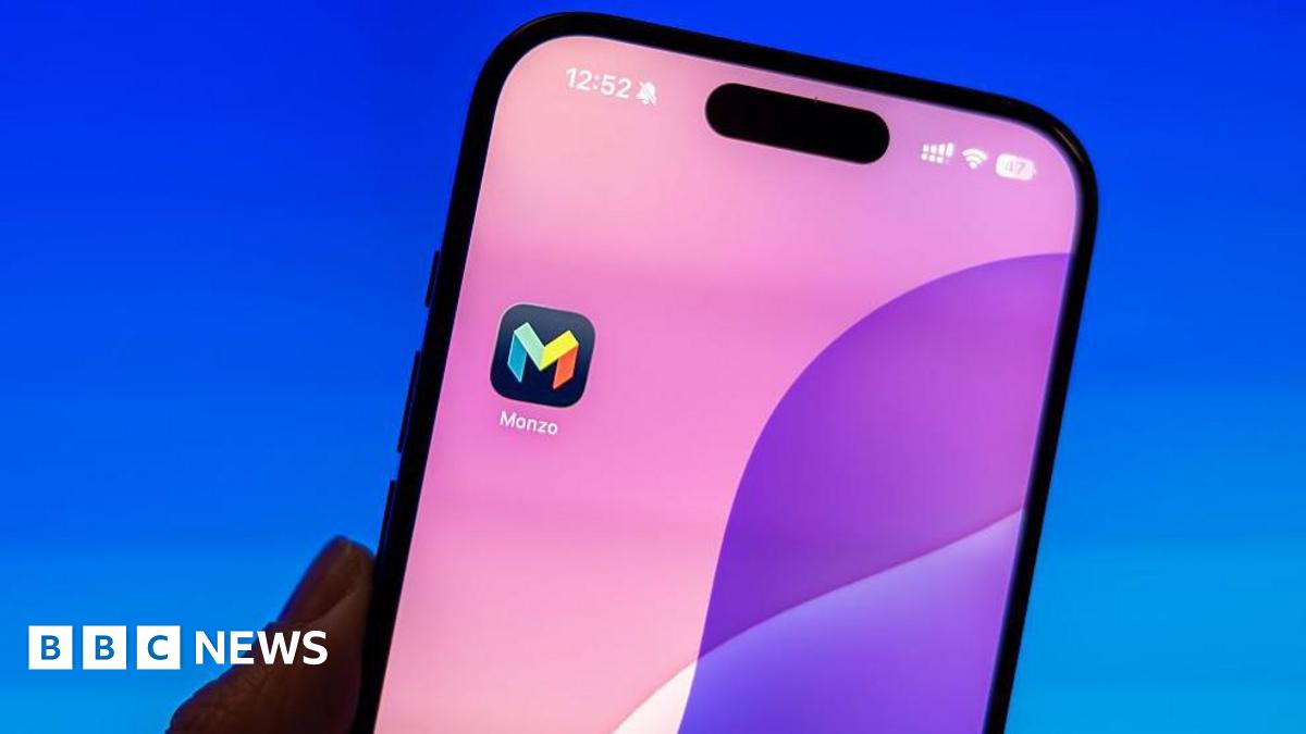 Monzo app displayed on an iPhone screen, against a bright blue background.