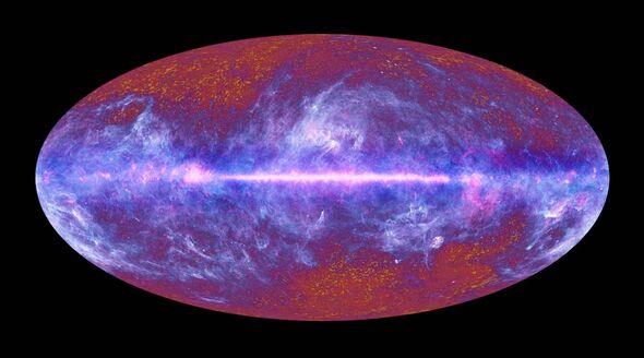 An oval-shaped representation of a cosmic phenomenon, displaying vibrant hues of red, blue, and purple. The image features a cen An oval-shaped representation of a cosmic phenomenon, displaying vibrant hues of red, blue, and purple. The image features a cen
