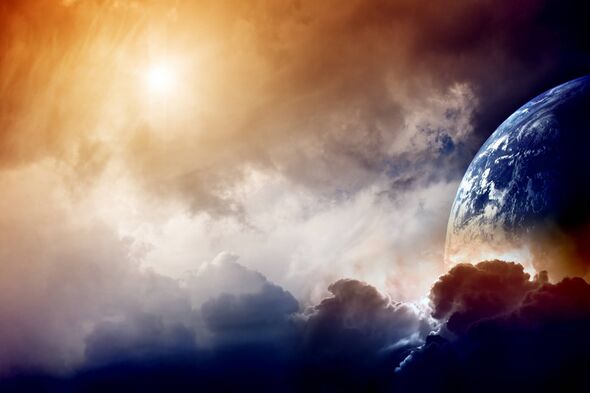 An image depicts a celestial scene with a radiant sun illuminating the sky, surrounded by thick clouds. A planet is visible in t An image depicts a celestial scene with a radiant sun illuminating the sky, surrounded by thick clouds. A planet is visible in t