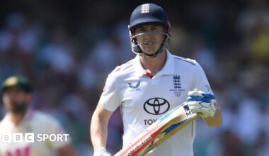 Harry Brook holding his bat while playing for England against Australia