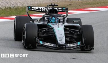 George Russell driving the 2026 Mercedes during Barcelona testing