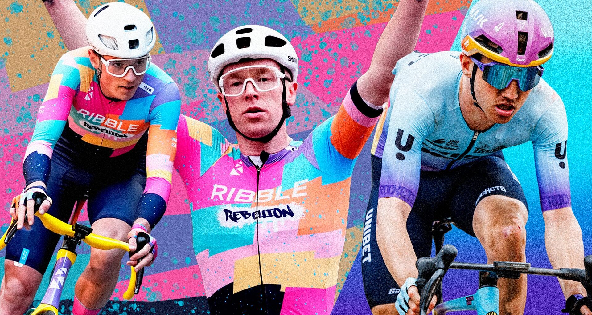 Ribble Rebellion riders and a Unibet Rose Rockets rider