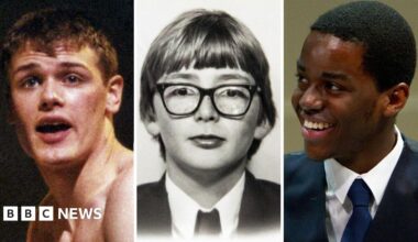 Three side-by-side portraits: the left shows a shirtless person against a dark background, the center is a black-and-white photo of a person wearing a suit and tie, and the right shows a person in a formal suit with a white shirt and dark tie.