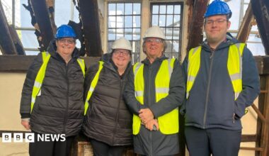Left to right: Dr Albert Napper's great, great granddaughter Jane King, her daughter Stephanie King, Cranleigh Heritage Trust chairperson, Trevor Dale, and Jane's son Ben King.