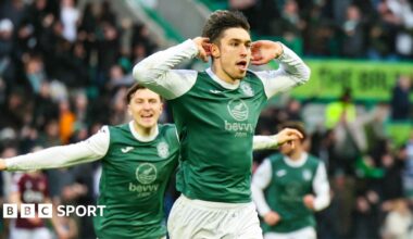 Kieron Bowie celebrates scoring against Hearts
