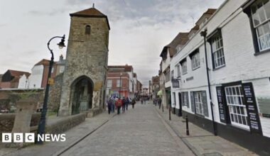 A street in in Canterbury showing a Victorian lamp-posts on the left