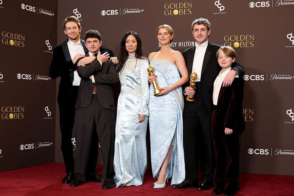 (L-R) Joe Alwyn, Noah Jupe, Chloé Zhao, Jessie Buckley, Paul Mescal and Jacobi Jupe, winners of the Best Motion Picture - Drama Award for "Hamnet" pose in the press room during the 83rd Annual Golden Globe Awards at The Beverly Hilton on January 11, 2026 in Beverly Hills, California. (Photo by Amy Sussman/Getty Images)