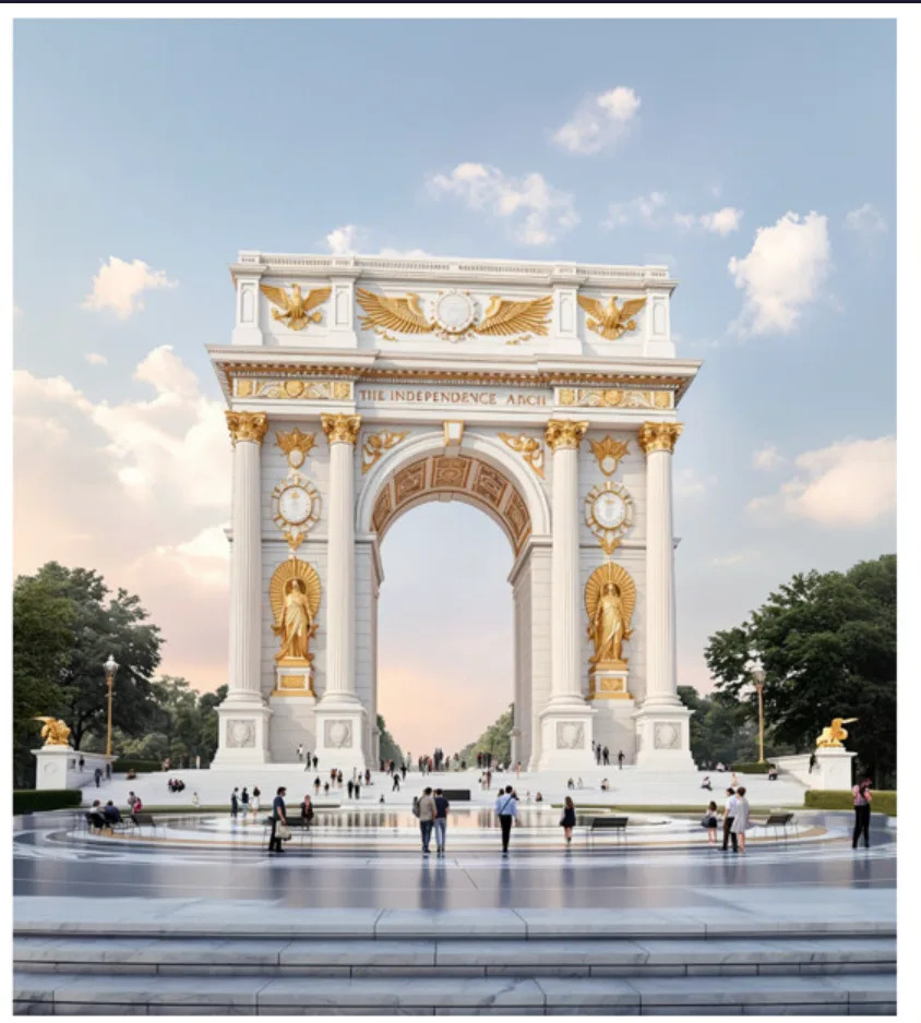 Ornate archway titled "The Independence Arch" with statues and people walking nearby in a park setting