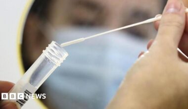 A close-up of the hands of a person placing a cotton swab into a clear test tube in front of a small mirror. In the reflection, you can see the blurred face of the same person wearing a blue mask.
