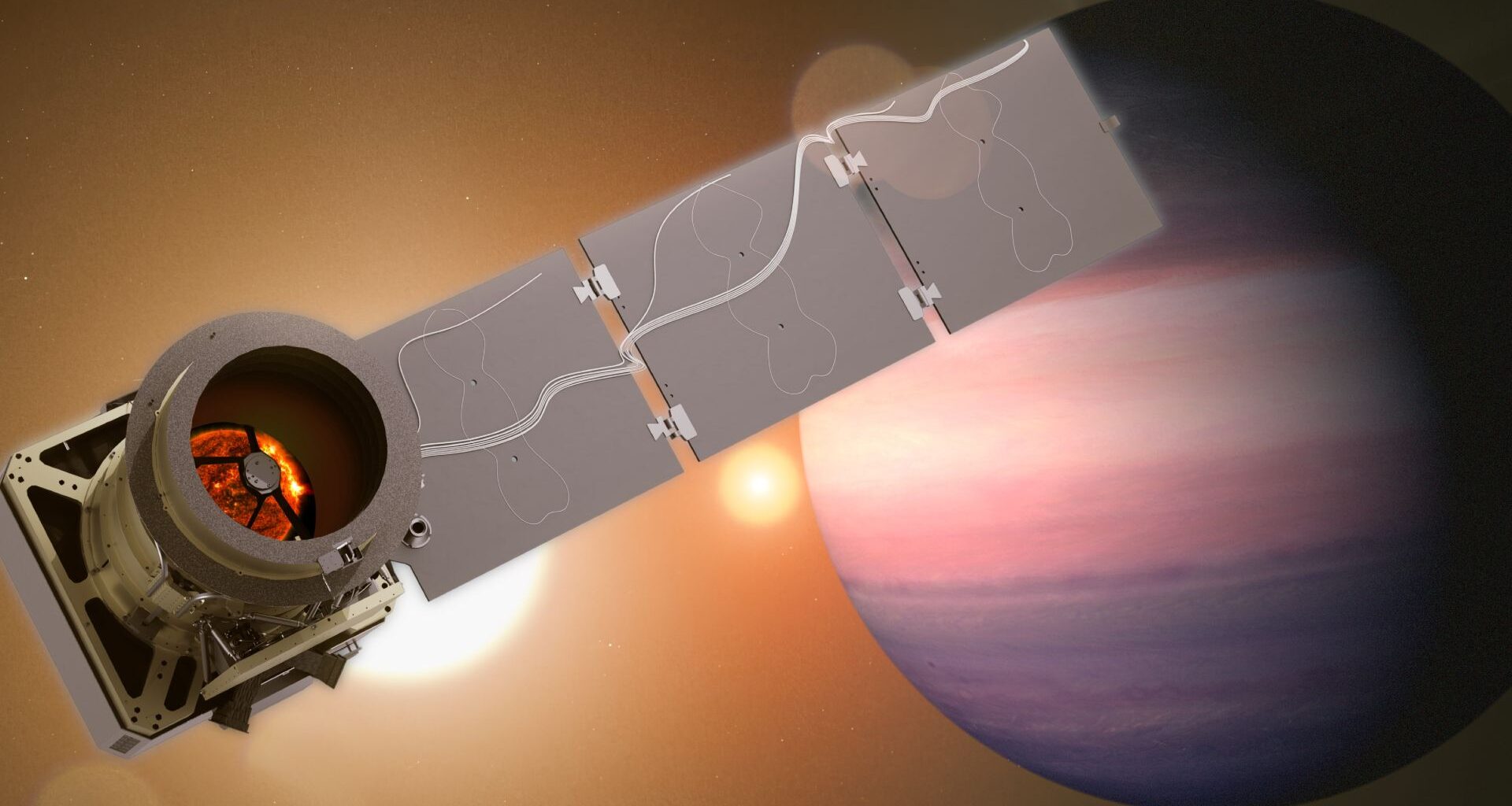 The Pandora spacecraft with an exoplanet and two stars in the background