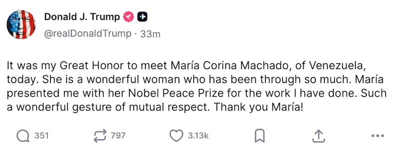 Donald Trump celebrates getting someone else's award on Truth Social.