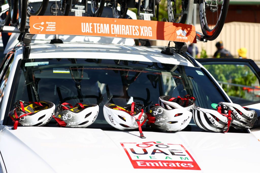 ADELAIDE, AUSTRALIA - JANUARY 25: A view of the UAE Team Emirates team bike helmets on the support car during the 25th Santos Tour Down Under Think! Road Safety Men's Stage 5 from McLaren Vale to Willunga Hill on January 25, 2025 in Adelaide, Australia. (Photo by Peter Mundy/Getty Images)