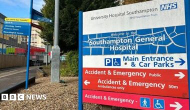 Hospital sign showing directions to various departments at Southampton.