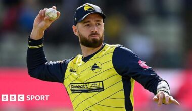 James Vince shapes to throw a white cricket ball, dressed in Hampshire Hawks' yellow shirt with thin, navy blue diagonal stripes and navy blue sleeves