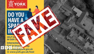A fake advert appealing for people for spare rooms in York to contact the city council. The image has FAKE in red lettering on top.