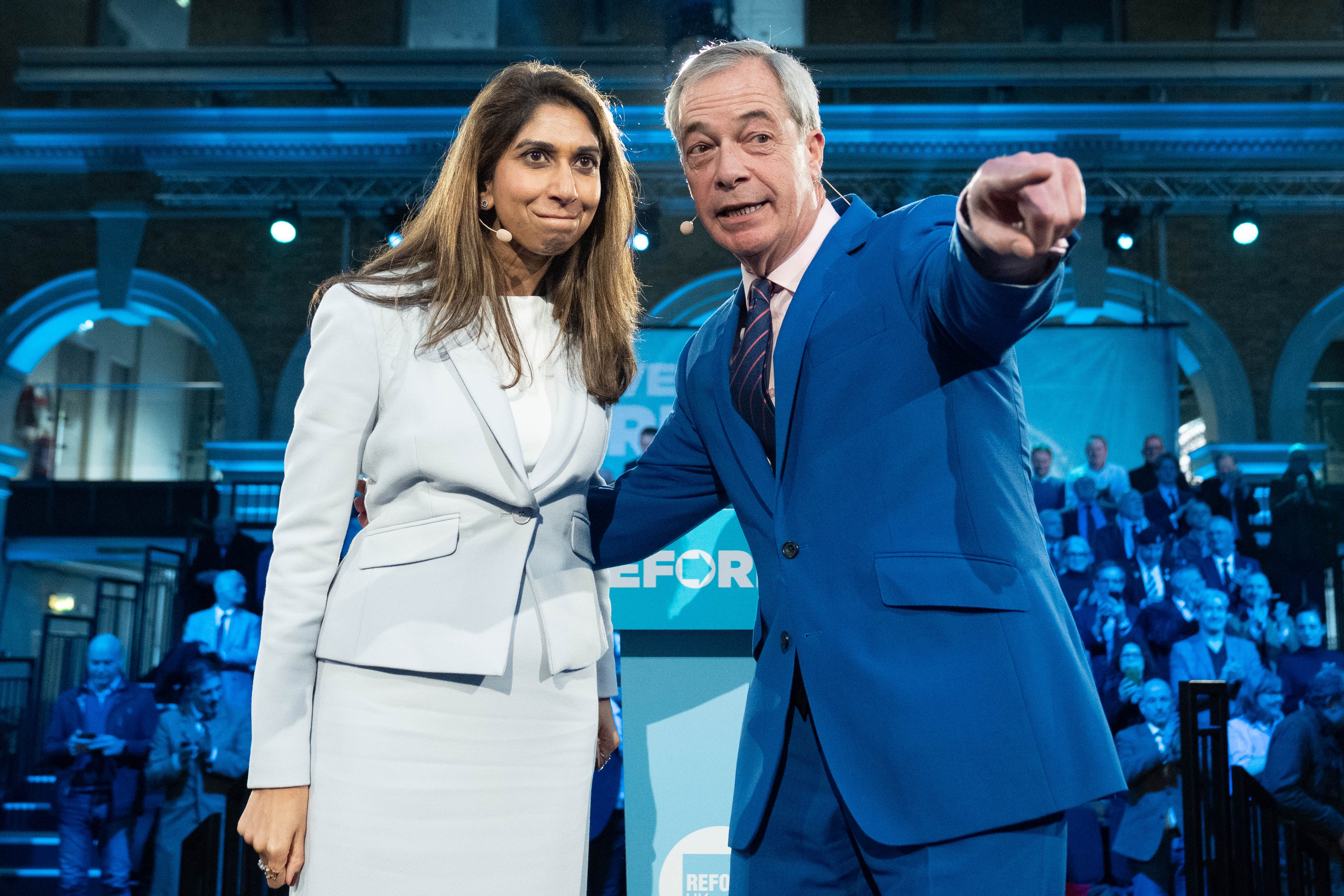 Mr Farage and Ms Braverman speaking during a Reform UK press conference in Westminster, central London, after the former home secretary defected to the party