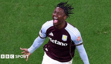 Jamaldeen Jimoh-Aloba is celebrating scoring for Aston Villa in the Europa League