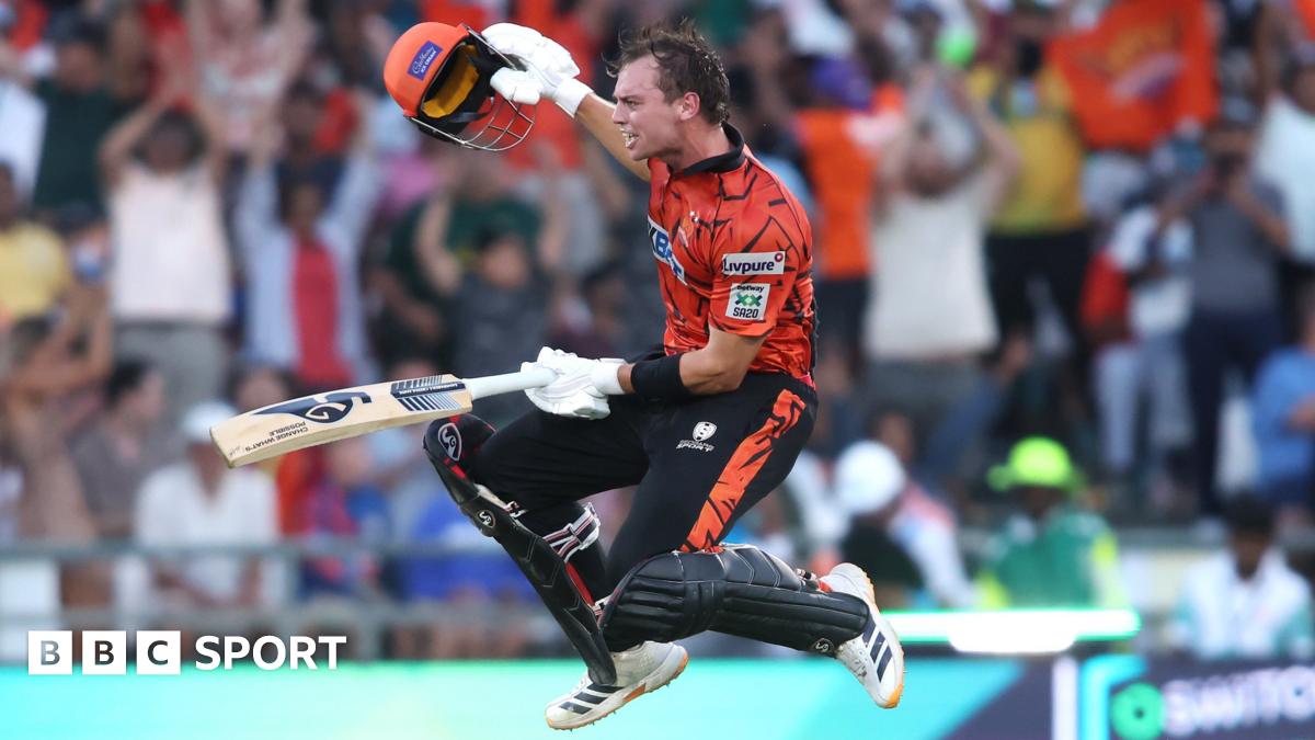 Sunrisers Eastern Cape batter Tristan Stubbs jumps and roars in celebration after hitting the winning runs against Pretoria Capitals in the SA20 final