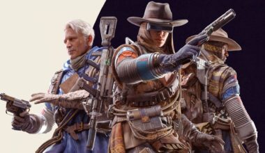 Arc Raiders: Key art showing three characters. The one on the left is wearing a blue pincho and holding a pistol ready at their hip. The middle figure is wearing a brown poncho and cowboy hat, facing the camera with a pistol across their chest. On the right is another character in a brown poncho and hat but facing away.