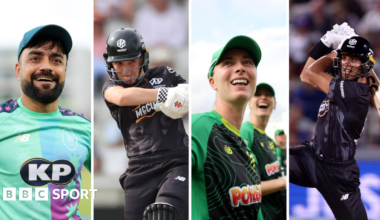 A split image graphic of Rashid Khan, Melie Kerr, Freya Kemp and Rachin Ravindra