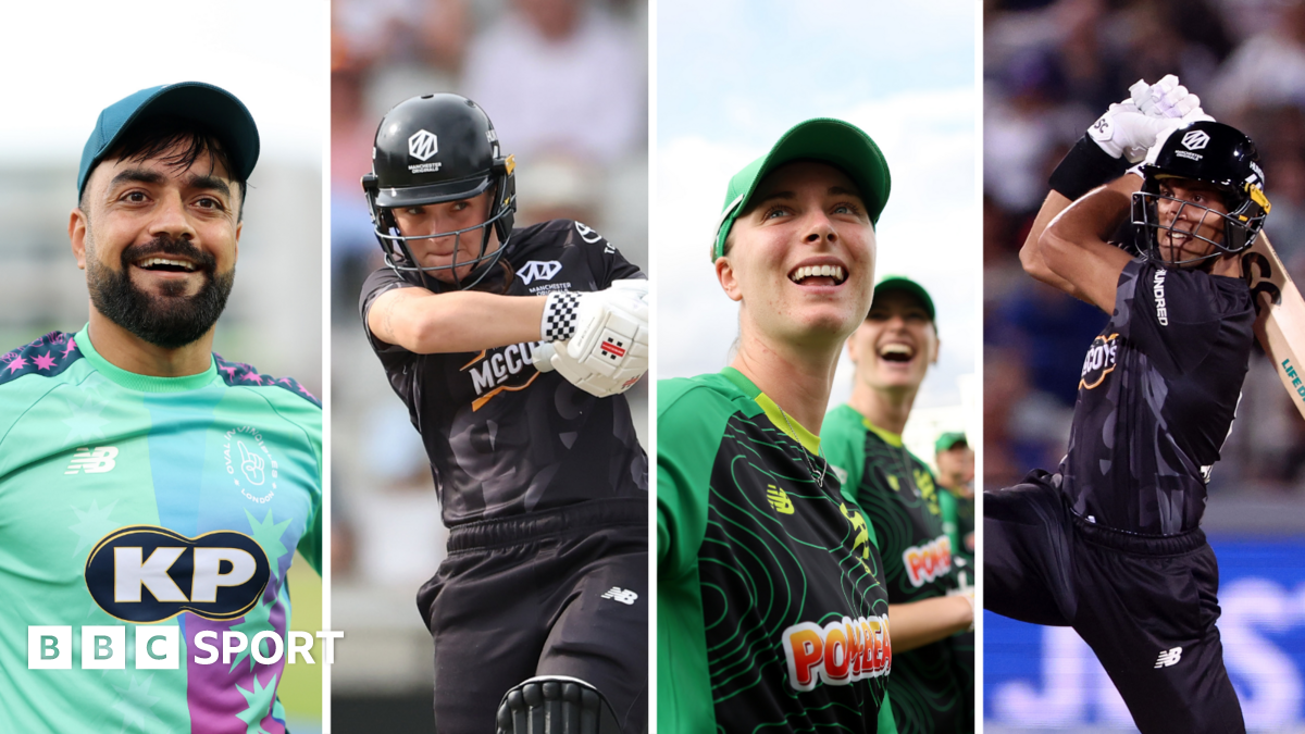 A split image graphic of Rashid Khan, Melie Kerr, Freya Kemp and Rachin Ravindra