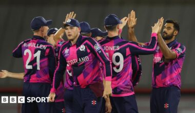 Safyaan Sharif of Scotland celebrates with team-mates after dismissing Mitchell Marsh of Australia during the ICC Men's T20 Cricket World Cup in 2024