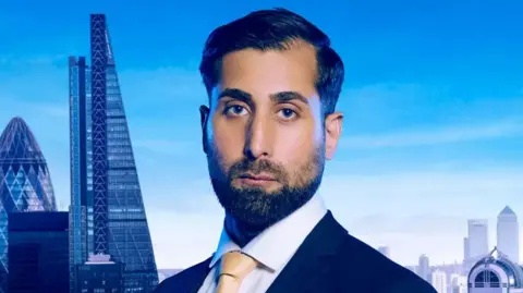 BBC Munaf dressed in formal business attire, wearing a black suit jacket, a white dress shirt, and a light yellow tie. The background features a cityscape with several iconic modern skyscrapers, including the Gherkin and the Leadenhall Building.