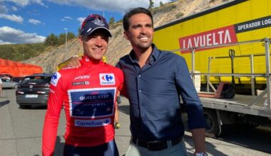Belgian Remco Evenepoel of Quick-Step Alpha Vinyl and Eolo-Kometa general manager Alberto Contador pictured after stage 20 of the 2022 edition of the 'Vuelta a Espana', Tour of Spain cycling race, from Moralzarzal to Puerto de Navacerrada (181km), Spain, Saturday 10 September 2022. BELGA PHOTO ANN BRAECKMAN (Photo by ANN BRAECKMAN / BELGA MAG / Belga via AFP) (Photo by ANN BRAECKMAN/BELGA MAG/AFP via Getty Images)