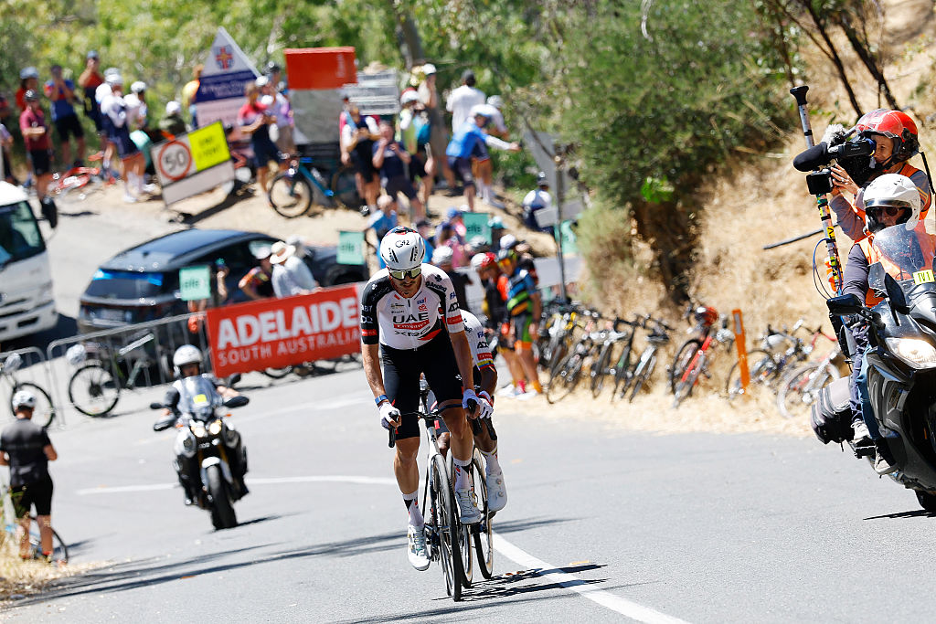 NORWOOD, AUSTRALIA - JANUARY 22: Jay Vine of Australia and UAE Team Emirates competes in the breakaway during the 26th Santos Tour Down Under 2026, Stage 2 a 148.1km stage from Norwood to Uraidla 495m / #UCIWT / on January 22, 2026 in Norwood, Australia. (Photo by Con Chronis/Getty Images)