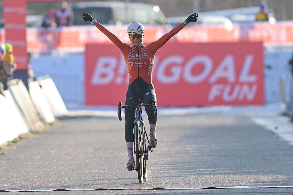 Dutch Ceylin Del Carmen Alvarado celebrates on the finish line as she wins the women's elite race at the World Cup cyclocross cycling event in Zonhoven on Sunday 04 January 2026, stage 9 (out of 12) of the UCI World Cup competition.BELGA PHOTO DAVID PINTENS (Photo by DAVID PINTENS / BELGA MAG / Belga / AFP via Getty Images)