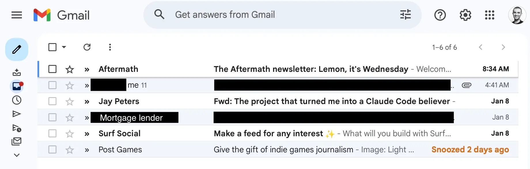 A screenshot of Jay Peters’ Gmail inbox.