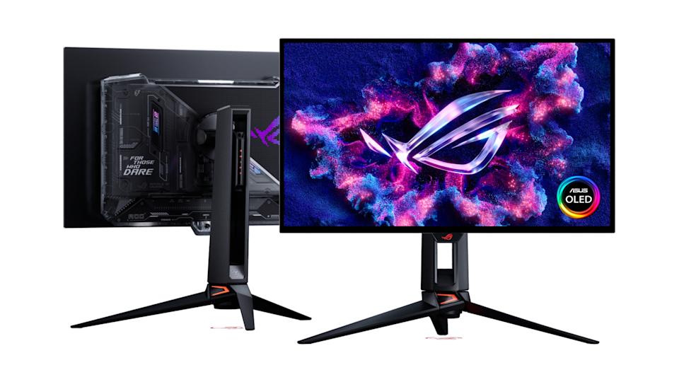 The back and front of ASUS' new ROG Swift monitor with a Tandem OLED panel.