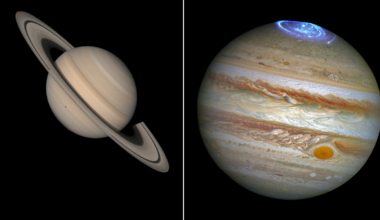 (Left) the ringed gas giant Saturn (Right) Jupiter as seen by Hubble with a glowing polar vortex