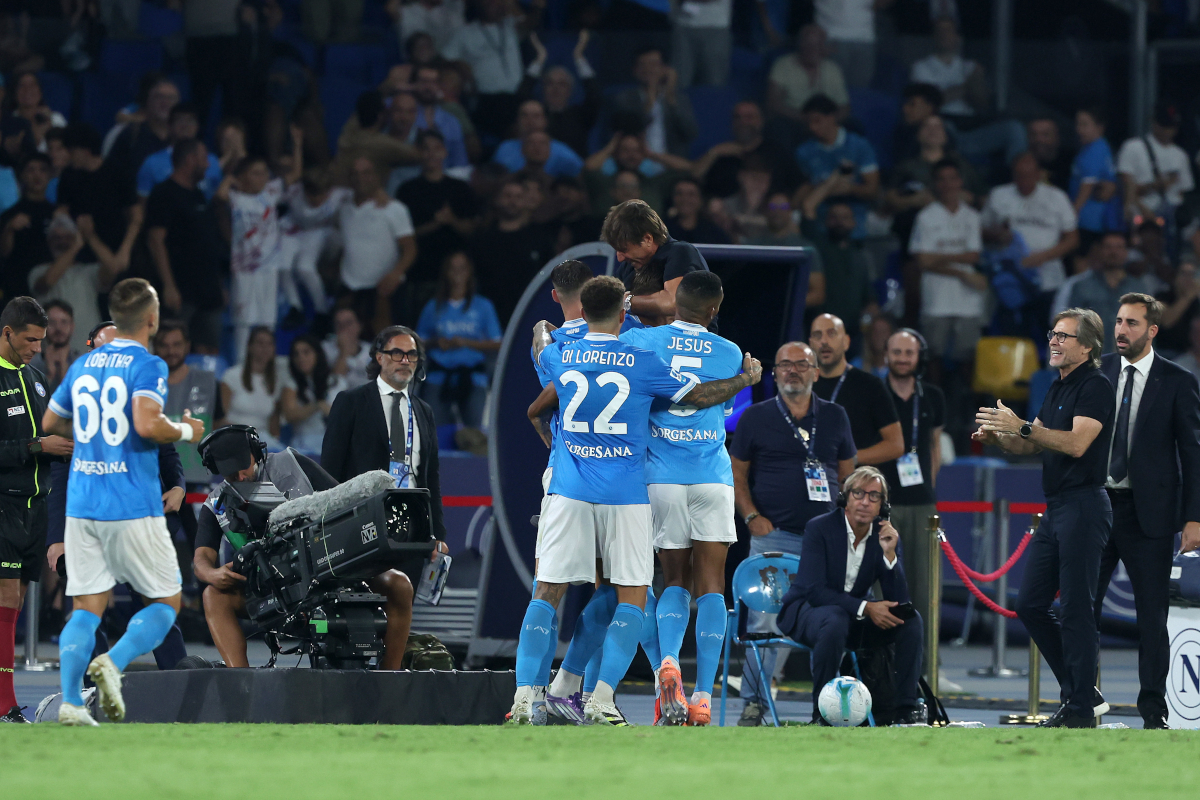 NAPLES, ITALY - SEPTEMBER 22: Lorenzo Lucca of SSC Napoli celebrates after scoring his side third goal during the Serie A match between SSC Napoli and Pisa SC at Stadio Diego Armando Maradona on September 22, 2025 in Naples, Italy. (Photo by Francesco Pecoraro/Getty Images)