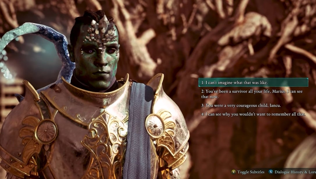 A fantasy warrior engages in a conversation.