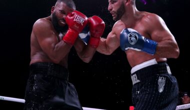 Norair Mikaeljan exchanges punches with Badou Jack during their WBC cruiserweight title rematch in Los Angeles