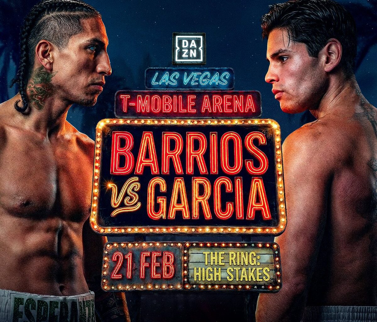 Promotional poster showing Mario Barrios and Ryan Garcia facing off for their February 21 fight at T Mobile Arena in Las Vegas, with DAZN branding.