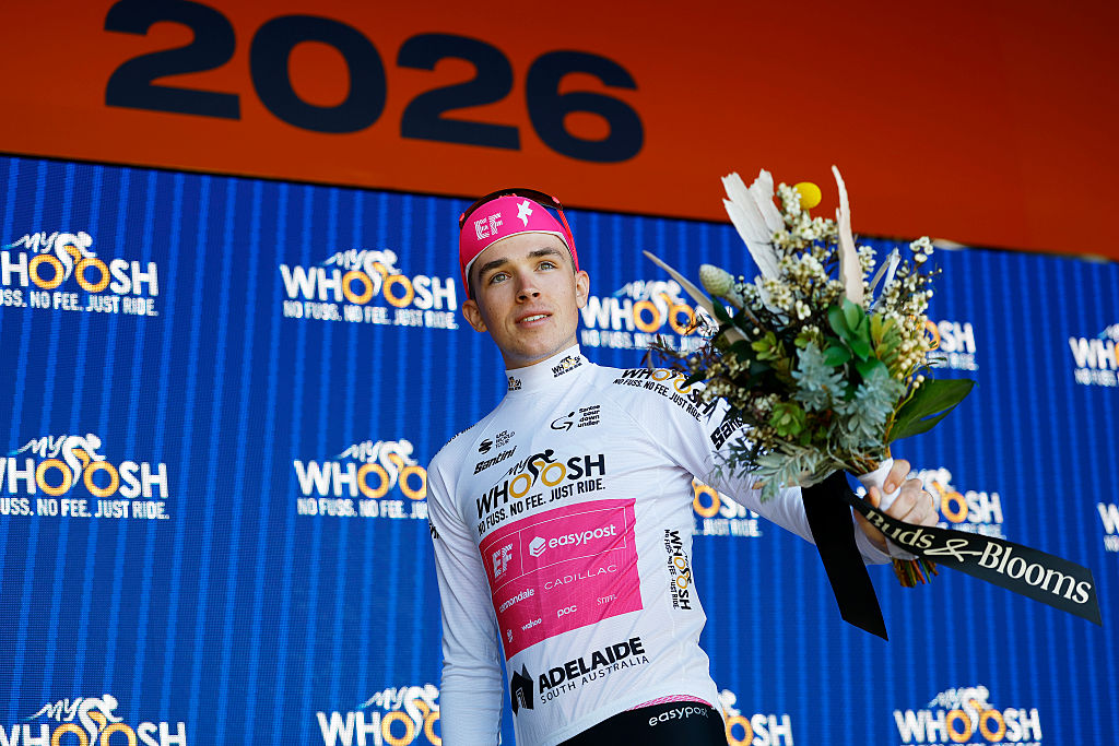 NORWOOD, AUSTRALIA - JANUARY 22: Michael Leonard of Canada and Team EF Education - EasyPost celebrates at podium as White Best Young Rider Jersey winner during the 26th Santos Tour Down Under 2026, Stage 2 a 148.1km stage from Norwood to Uraidla 495m / #UCIWT / on January 22, 2026 in Norwood, Australia. (Photo by Con Chronis/Getty Images)