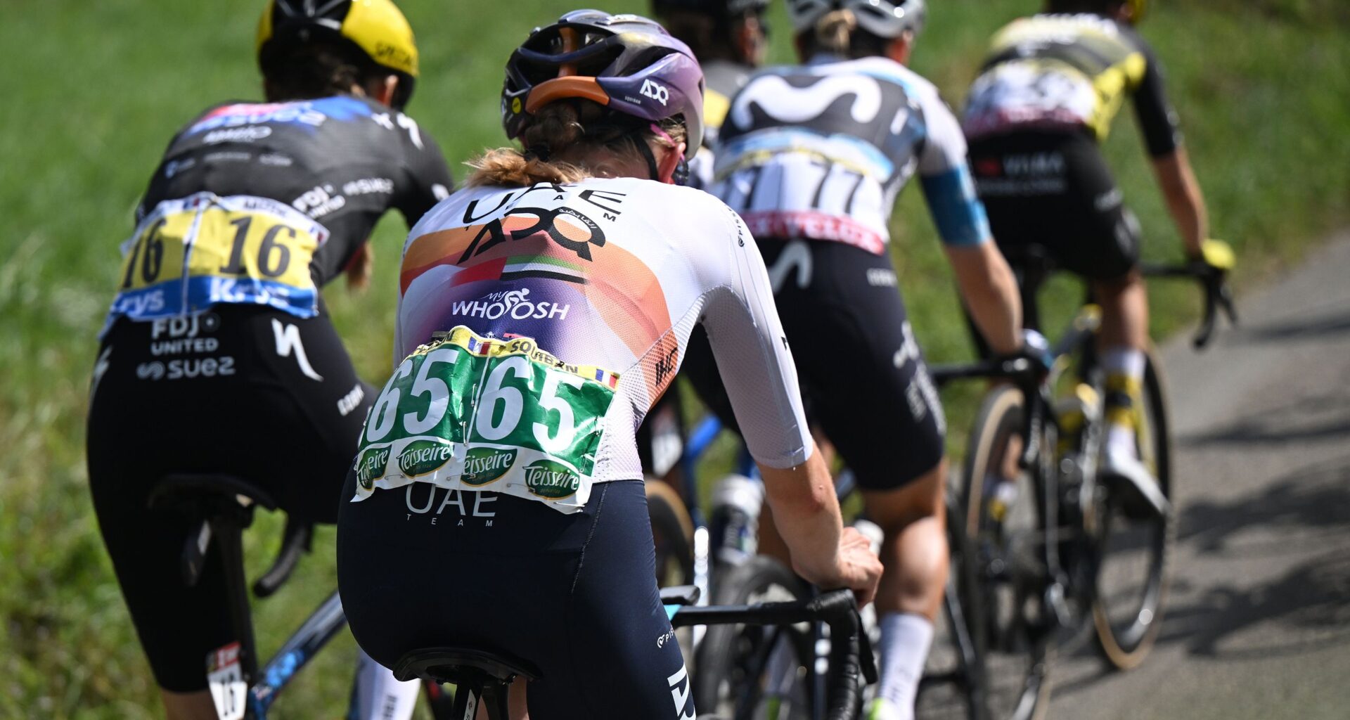 SAINT-FRANCOIS LONGCHAMP, FRANCE - AUGUST 02: Detailed view of Maeva Squiban of France and UAE Team ADQ competes during the 4th Tour de France Femmes 2025, Stage 8 a 111.9km stage from Chambery to Saint-Francois Longchamp - Col de la Madeleine 1986m / #UCIWWT / on August 02, 2025 in Saint-Francois Longchamp, France. (Photo by Szymon Gruchalski/Getty Images)