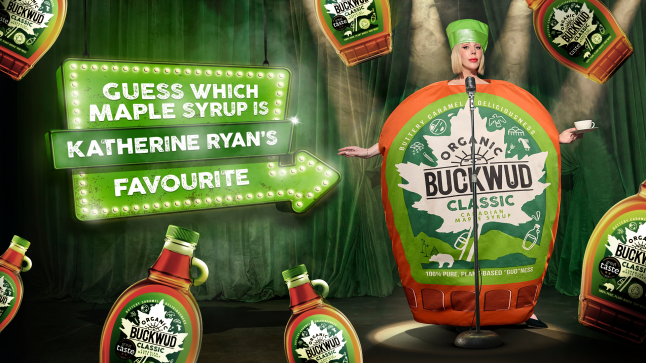 Katherine in an advert for Buckwud Maple Syrup
