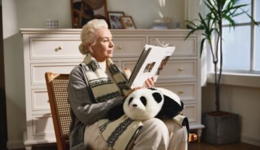 woman sits, reading, with a cuddly AI baby panda robot on her lap