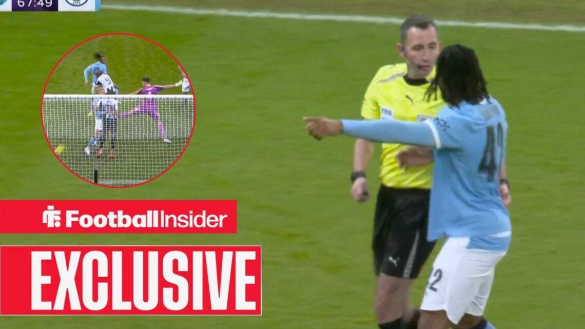 Chris Kavanagh speaking with Antoine Semenyo, Man City's disallowed goal in a circular inset