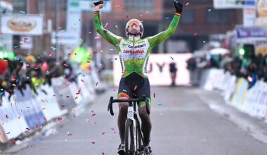 BERINGEN, BELGIUM - JANUARY 10: Marion Norbert Riberolle of Belgium celebrates at finish line as gold medalist during the 109th Belgian National Cyclo-cross Championships 2026 - Women&amp;apos;s Elite on January 10, 2026 in Beringen, Belgium. (Photo by Luc Claessen/Getty Images)