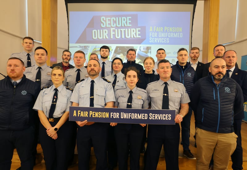 Members and representatives of the uniformed services including gardaí, firefighters and members of Defence Forces launching a protest about pension changes mostly affecting younger members. Photograph: Alan Betson
