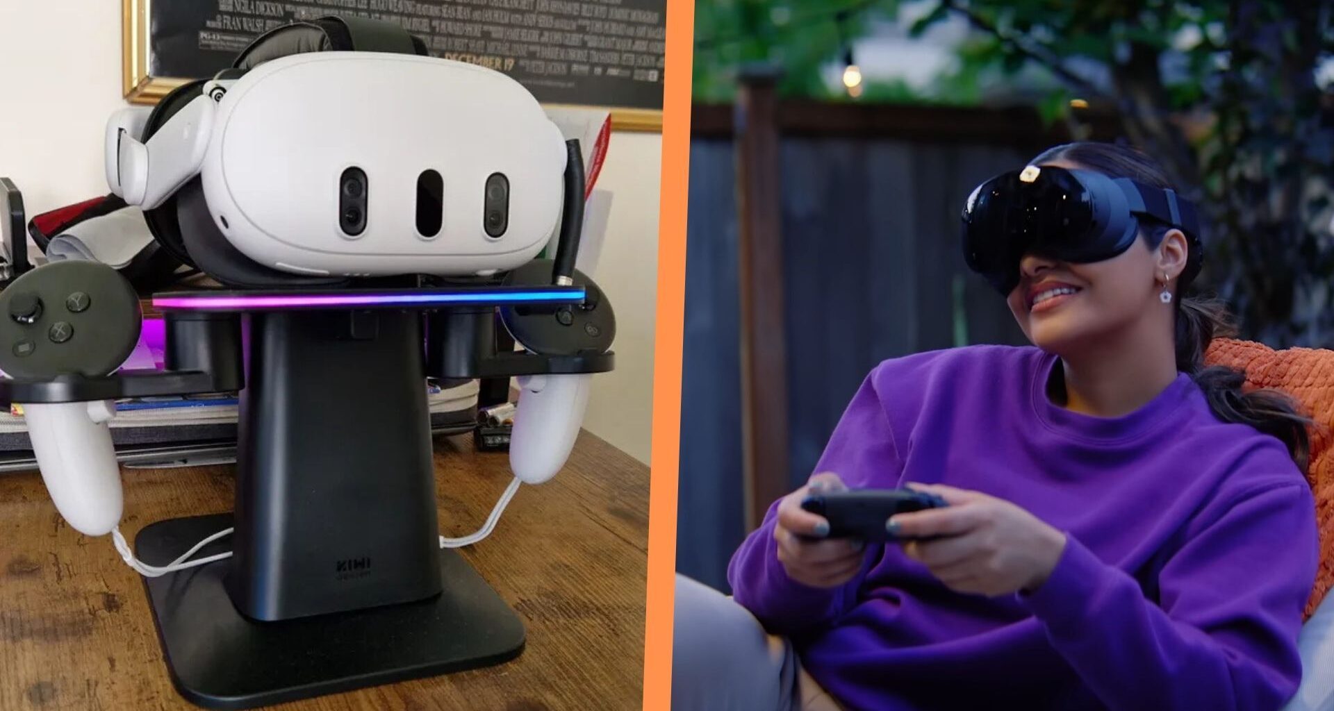 A Quest 3 headset on a charging stand, side by side with an image of a woman playing games on the Steam Frame