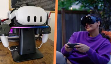 A Quest 3 headset on a charging stand, side by side with an image of a woman playing games on the Steam Frame