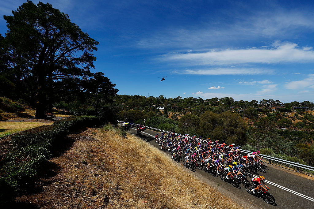 PARACOMBE, AUSTRALIA - JANUARY 18: A general view of Alessia Vigilia of Italy and Team Uno-X Mobility - Polka Dot Mountain Jersey and the peloton passing through a landscape during the 10th Santos Women&amp;apos;s Tour Down Under 2026, Stage 2 a 130.7km stage from Magill to Paracombe 410m / #UCIWWT / on January 18, 2026 in Paracombe, Australia. (Photo by Con Chronis/Getty Images)